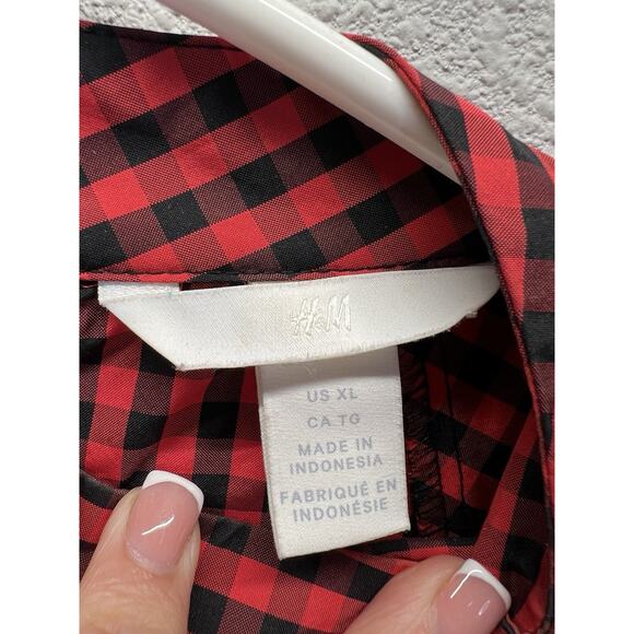 H&M Women’s Red & Black Gingham Check Plaid Big Puff Sleeve Blouse Size XL - Picture 2 of 5